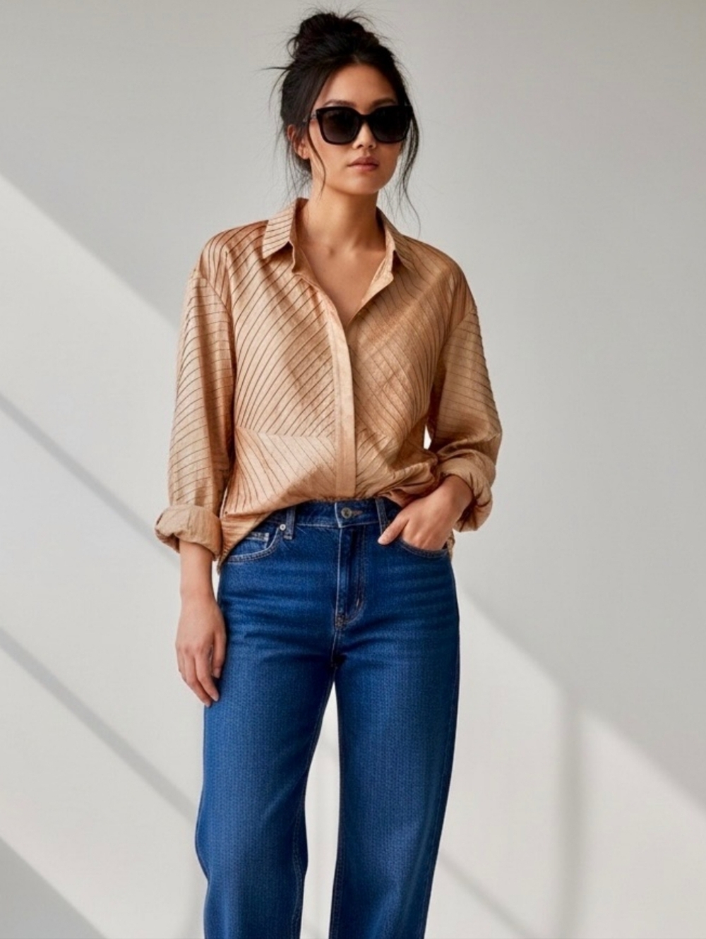 Gracie 100% Silk Pleated Striped Button-Up Shirt in Peach